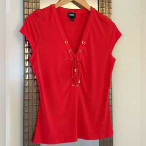 INC International Concepts Lace-Up Grommet V-Neck Top Coral Red Size Small NWOT